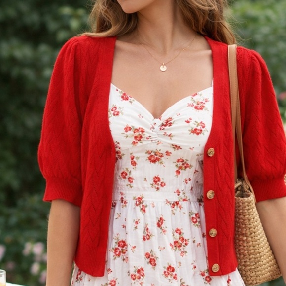 Draper James Sweaters - Draper James Red Puff Cardigan Cropped Knit Button Front Romantic Feminine SZ S